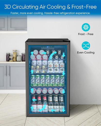 3.2 Cu.Ft Mini Fridge with Glass Door - 126 Can Beverage Refrigerator Cooler for Drink Beer Wine Soda, Small Fridge for Bedroom Office Bar Dorm, 4 Adjustable Shelves, Black