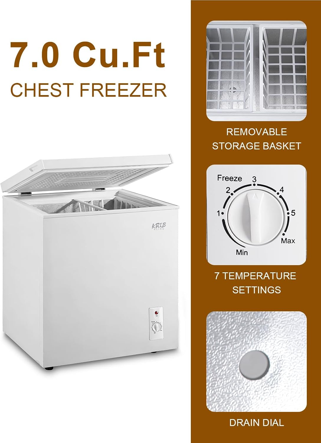 7.0 Cu.Ft Mini Chest Freezer Compact Deep Freezer with Top Open Door White