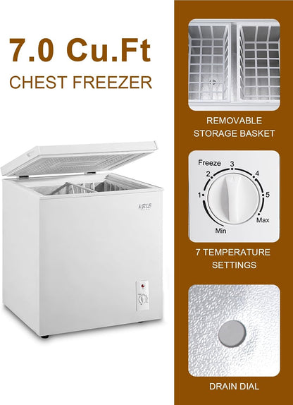 7.0 Cu.Ft Mini Chest Freezer Compact Deep Freezer with Top Open Door White