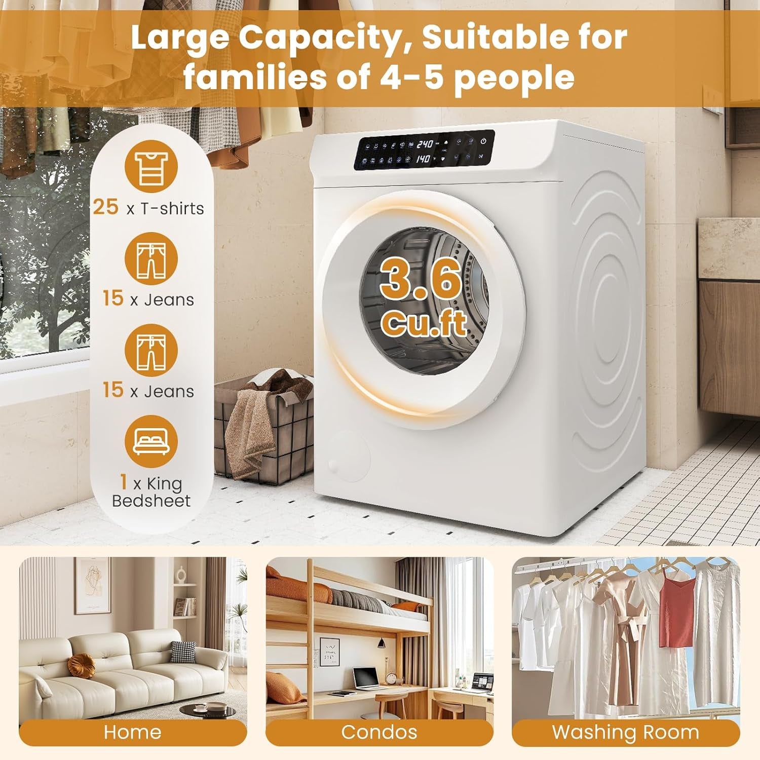 3.6 CU. FT Clothes Dryer, Large Capacity Laundry Dryer with 12 Drying Modes & Stainless Steel Tub, Dryer Machine, Electric Dryer with LED Control for Busy Family Home, White