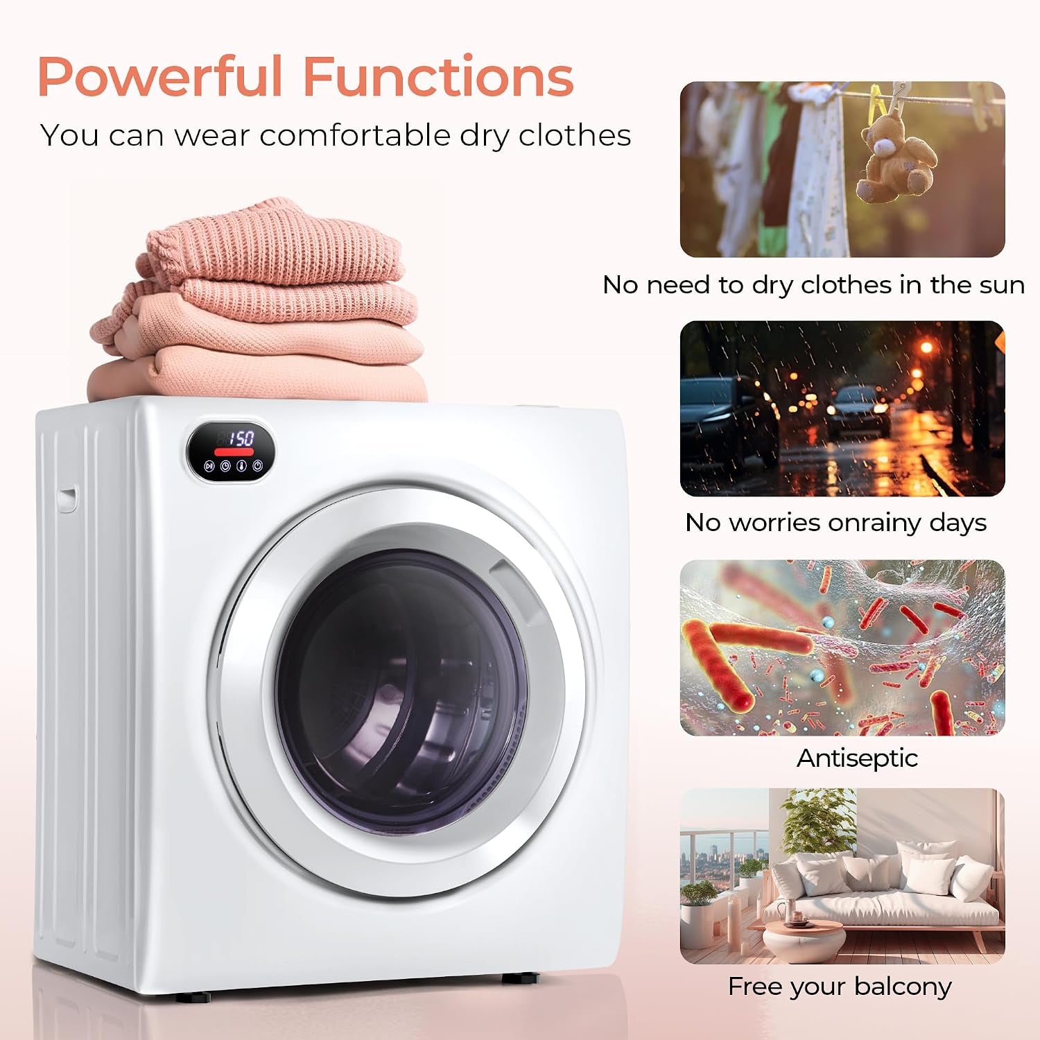 2.65 Cu. Ft. Portable Dryer for Clothes, 1400W Dryer with LCD Panel